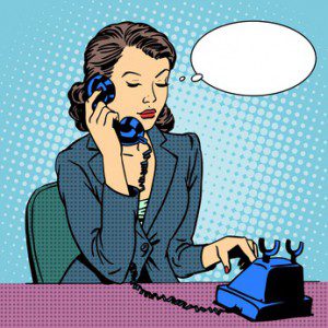 Business woman talking phone. Businesswoman in the office. Retro pop art style